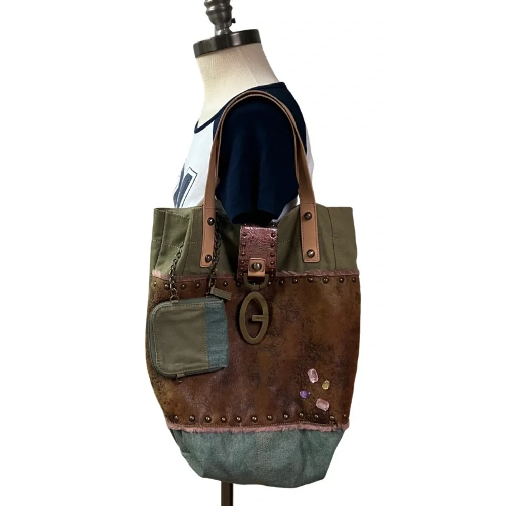 Vintage Y2k Guess Patchwork Reversible Tote Boho Fairycore Grunge Brass G Logo